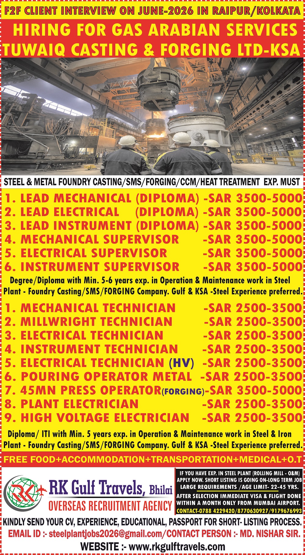 HIRING FOR A GAS ARABIA COMPANY FOR THEIR TUWAIQ STEEL – KSA 
