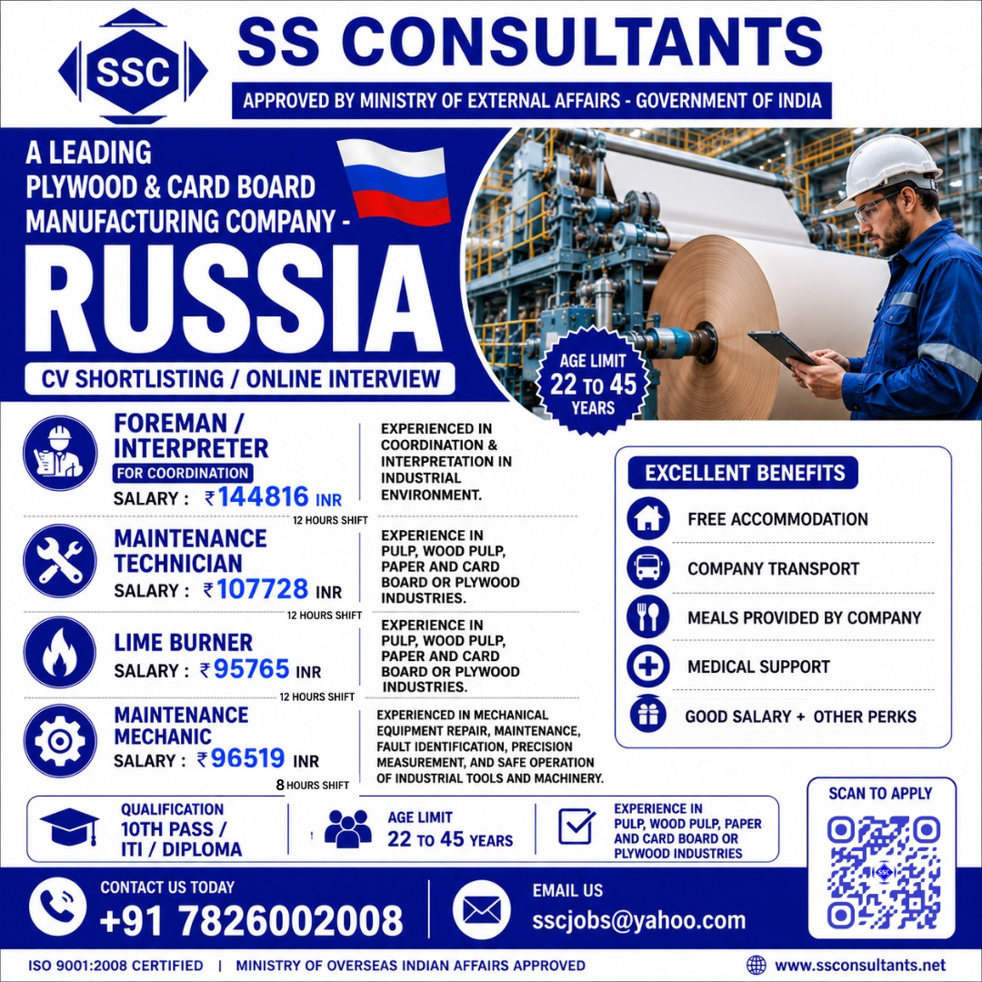 Russia Plywood Factory Jobs 2026 – Maintenance Technician & Foreman Vacancies
