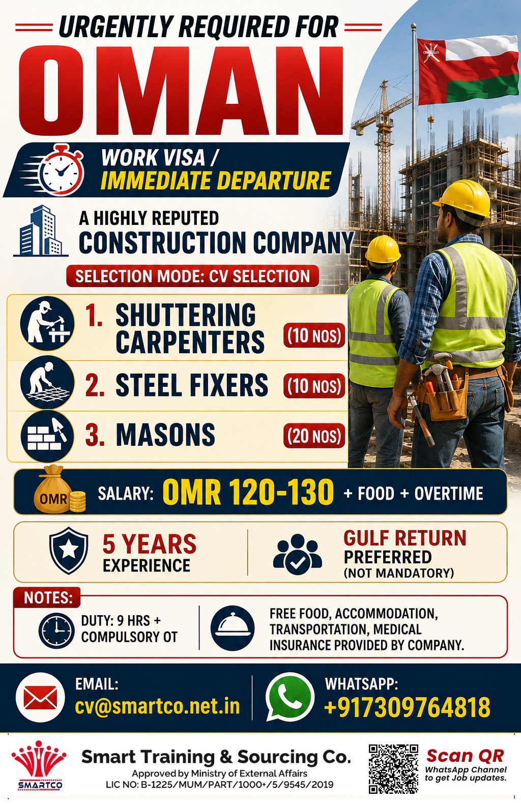 URGENTLY REQUIRED FOR OMAN A HIGHLY REPUTED CONSTRUCTION COMPANY
