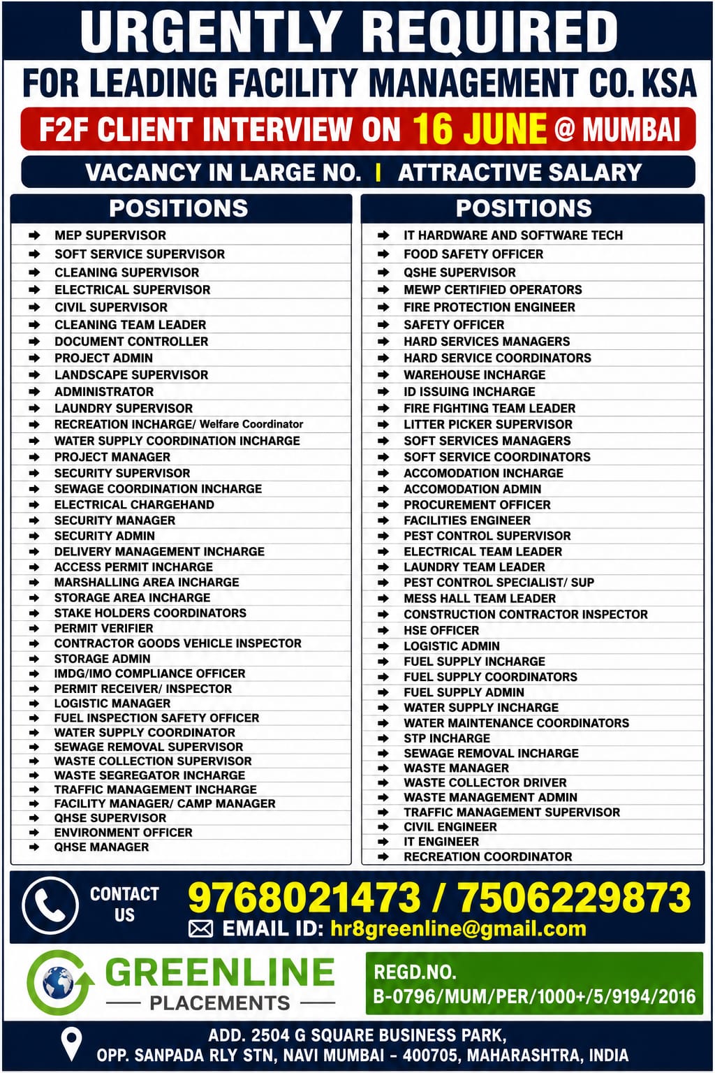 URGENTLY REQUIRED FOR LEADING FACILITY MANAGEMENT CO. KSA