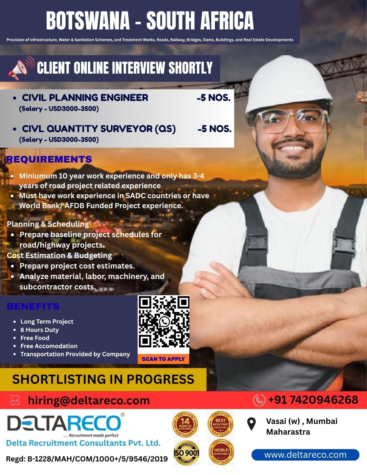 Hiring  Civil Planning Engineer for South Africa