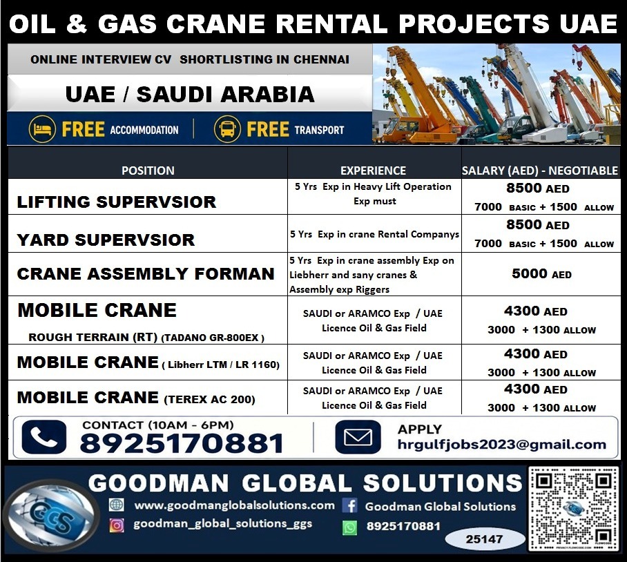 URGENT REQUIREMENT – UAE / SAUDI ARABIA  – LONG TERM OIL & GAS CRANE RENTAL PROJECT  ONLINE INTERVIEW IN CHENNAI