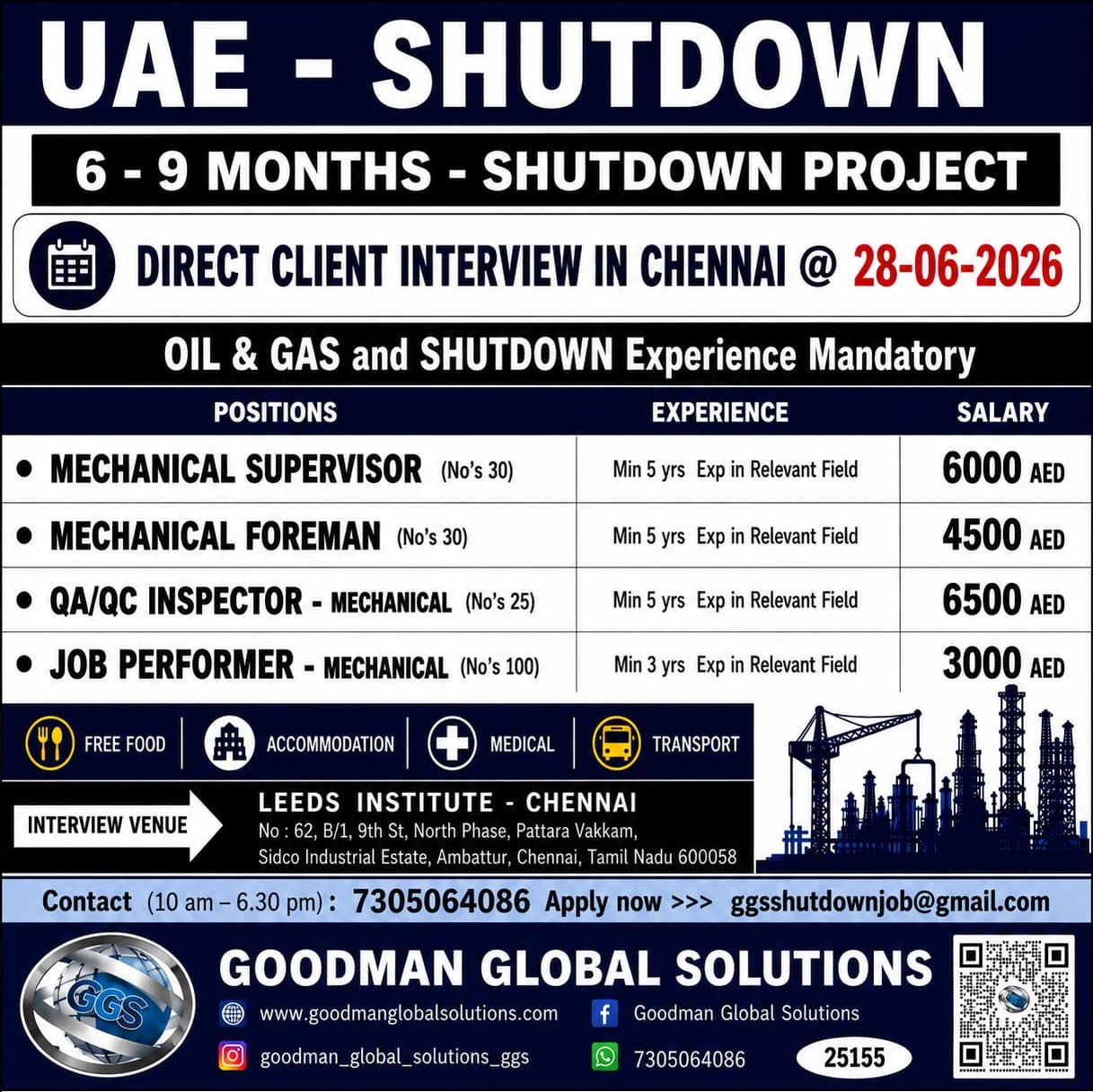 UAE – SHUTDOWN PROJECT (6 – 9 MONTHS SHUTDOWN) DIRECT CLIENT INTERVIEW IN CHENNAI ON 28-06-2026