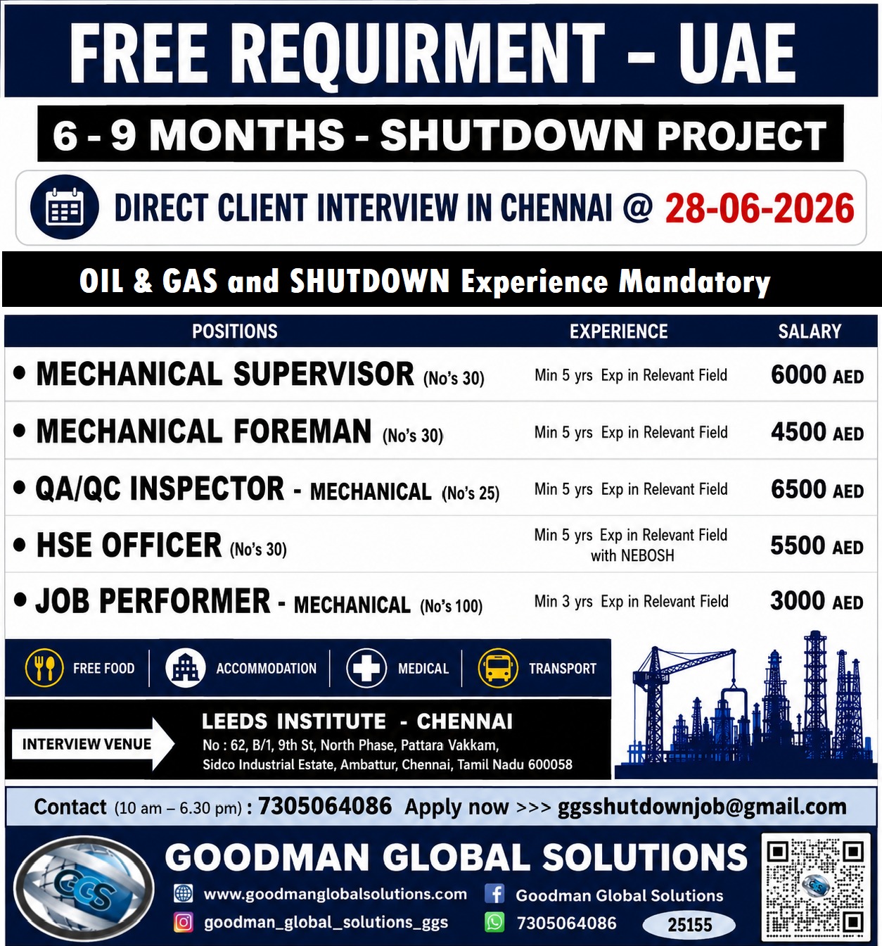 FREE REQUIREMENT – UAE – SHUTDOWN PROJECT DIRECT CLIENT INTERVIEW IN CHENNAI ON 28-06-2026