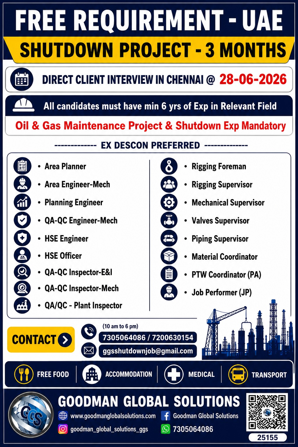 FREE REQUIREMENT – UAE – SHUTDOWN PROJECT  DIRECT CLIENT INTERVIEW IN CHENNAI ON 28-06-2026