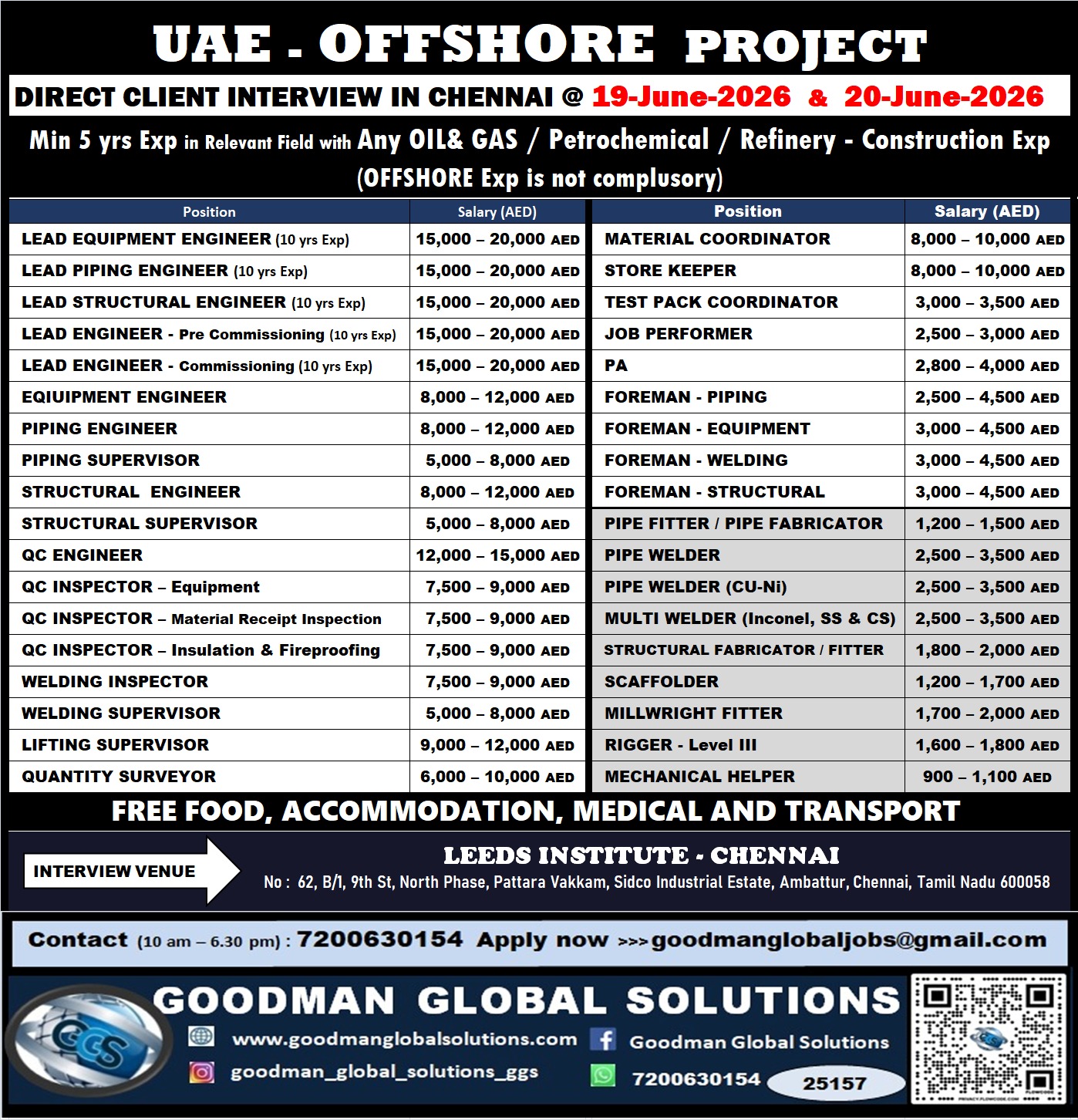 UAE – OFFSHORE PROJECT – LONGTERM DIRECT CLIENT INTERVIEW IN CHENNAI @19-06-2026 & 20-06-2026