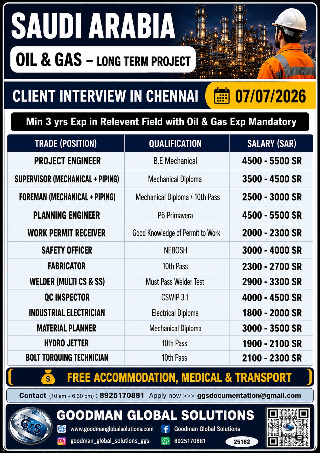 SAUDI ARABIA- OIL & GAS – LONG TERM PROJECT DIRECT CLIENT INTERVIEW IN CHENNAI ON 07-07-2026