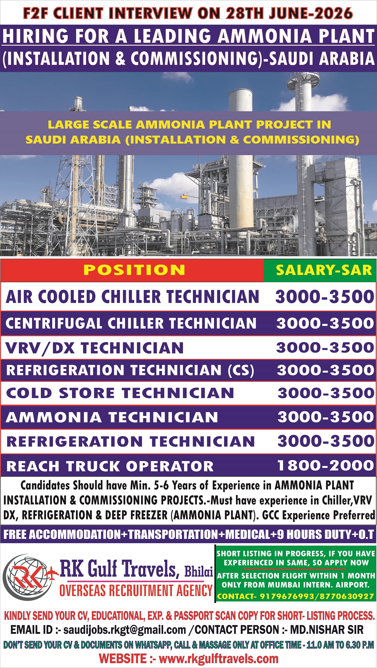 HIRING FOR A LEADING AMMONIA PLANT – SAUDI ARABIA.