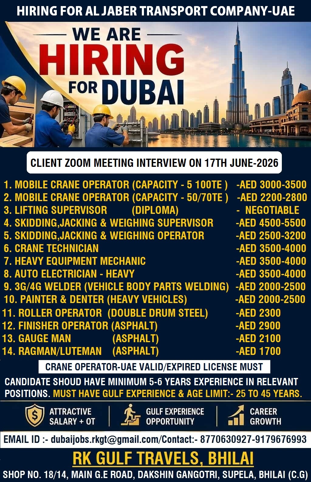 HIRING FOR AL JABER TRANSPORT COMPANY – ABU DHABI (UAE).