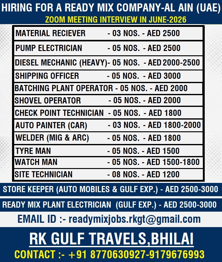 HIRING FOR A LEADING READY MIX COMPANY – AL AIN (UAE).