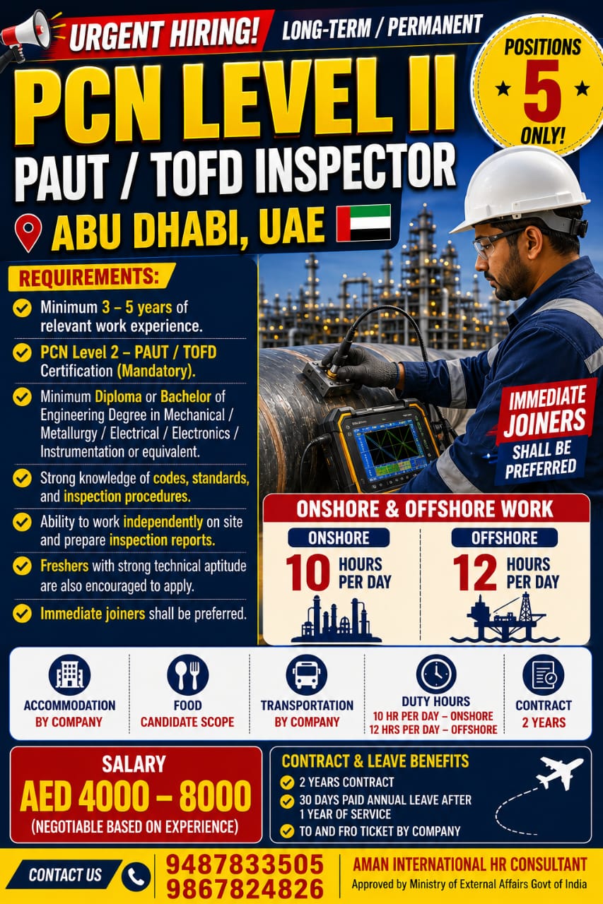Abu Dhabi, UAE – PCN Level II PAUT / TOFD Inspector