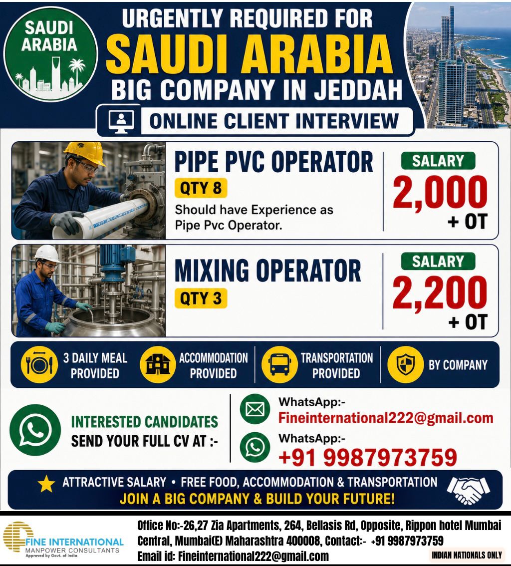 🚨 URGENTLY REQUIRED FOR SAUDI ARABIA – JEDDAH  📍 Online Client Interview