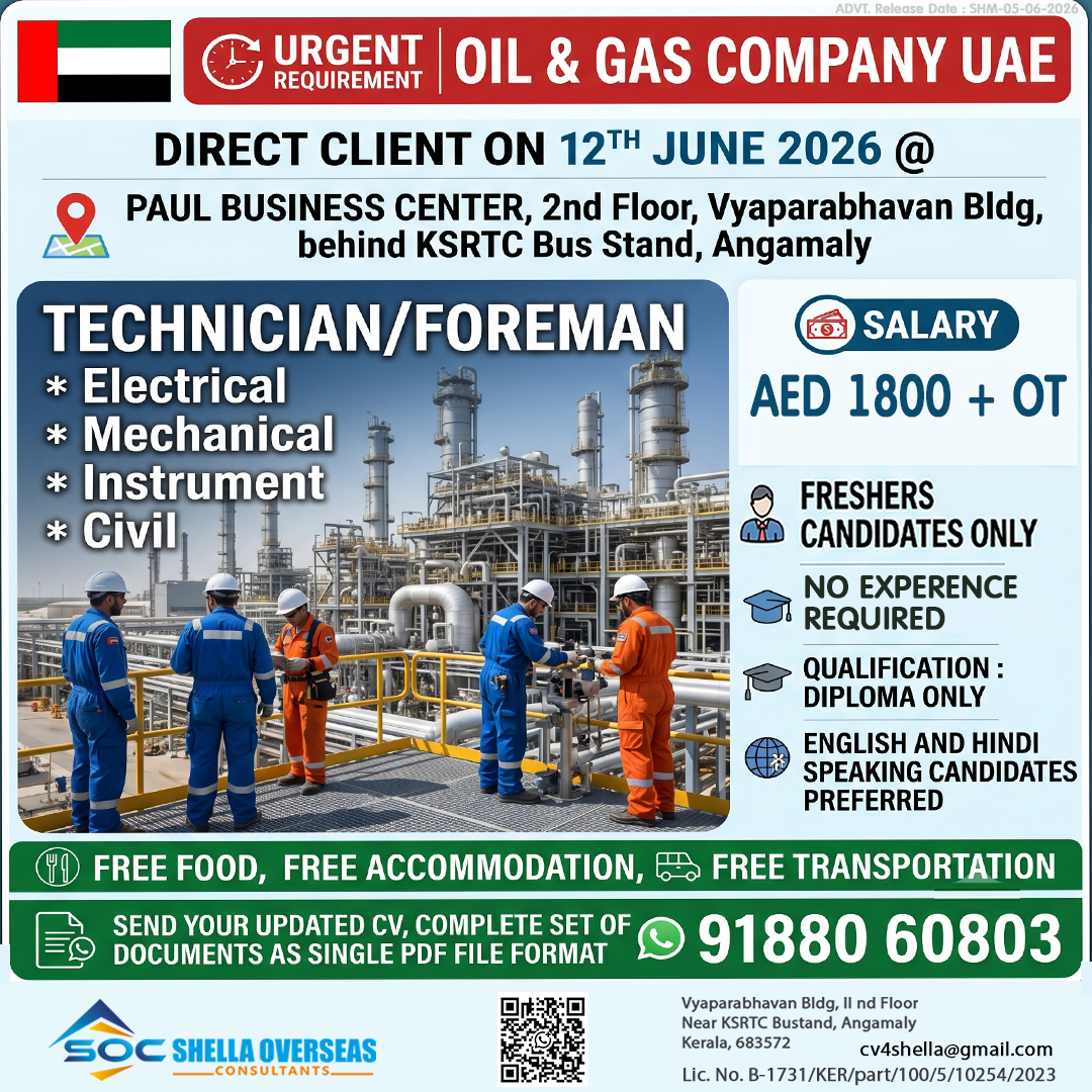 Electrical, Mechanical, Instrument, Civil Technician and Foreman UAE