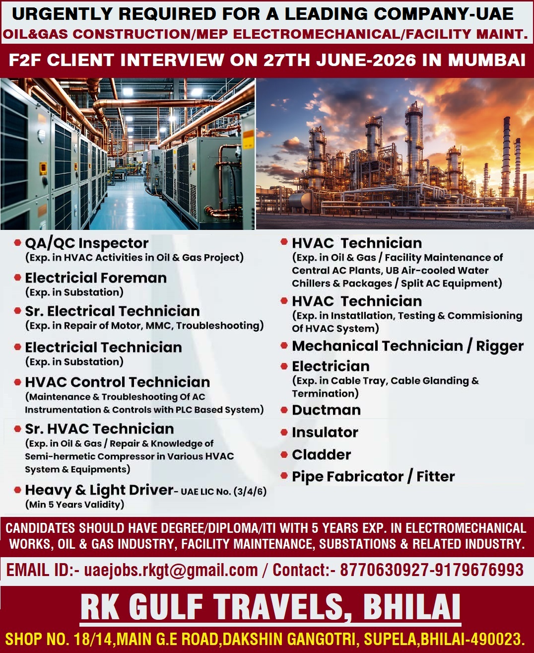 HIRING FOR A LEADING MEP ELECTRO MECHANICAL CO. – UAE
