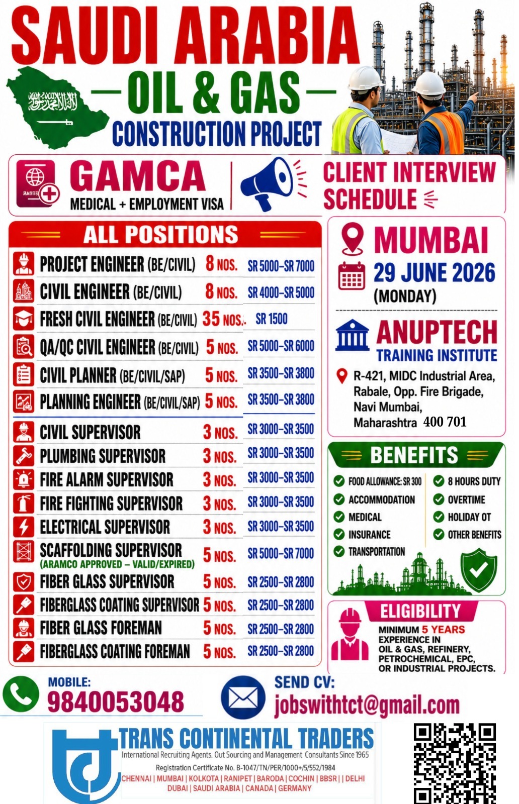 HIRING FOR OIL AND GAS CIVIL CONSTRUCTION PROJECT SAUDI ARABIA | CLIENT INTERVIEWS IN MUMBAI 29 JUNE 2026 | SIWAN & GOPALGANJ 01 JULY 2026 | PATNA 02 JULY 2026 CALL FORE MORE DETAILS 9840053048