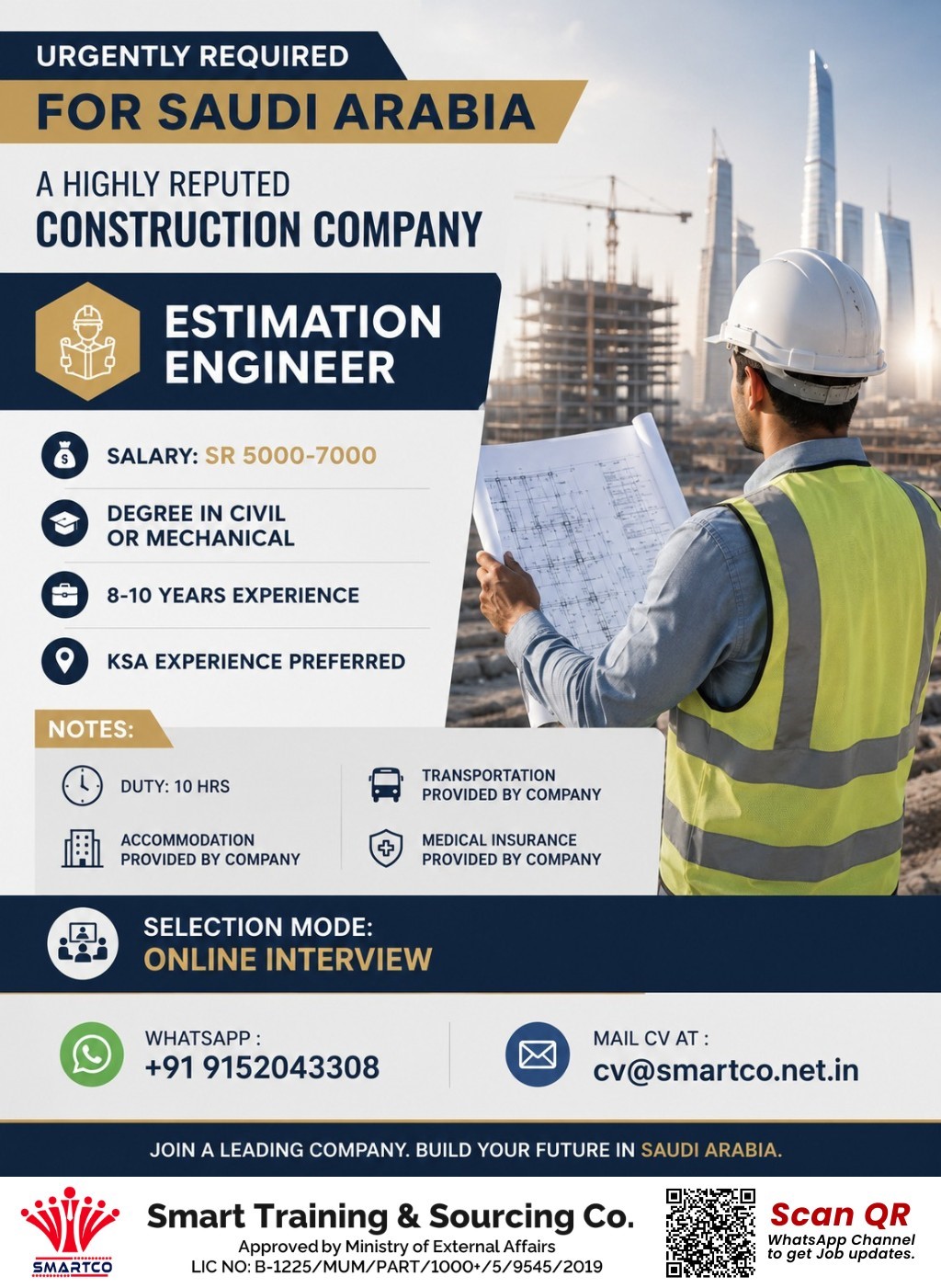 URGENTLY REQUIRED FOR SAUDI ARABIA A Highly Reputed Construction Company