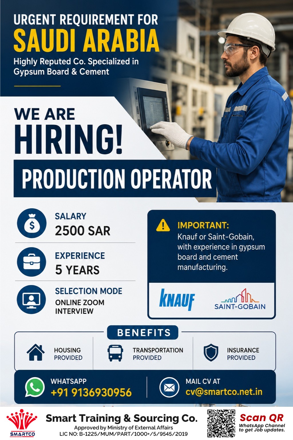 URGENT REQUIREMENT FOR SAUDI ARABIA Highly Reputed Co. Specialized in Gypsum Board & Cement