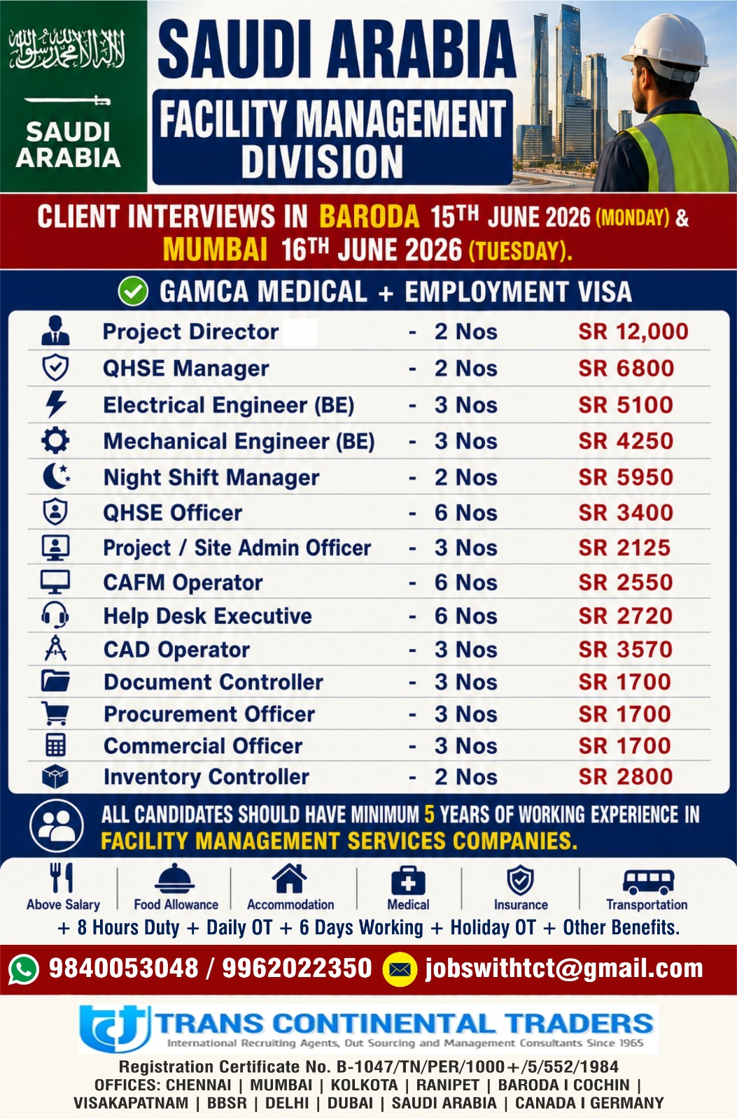 HIRING FOR FACILITY MANAGEMENT DIVISION SAUDI ARABIA | CLIENT INTERVIEWS IN VADODARA 15TH JUNE 2026 | MUMBAI 16TH JUNE 2026