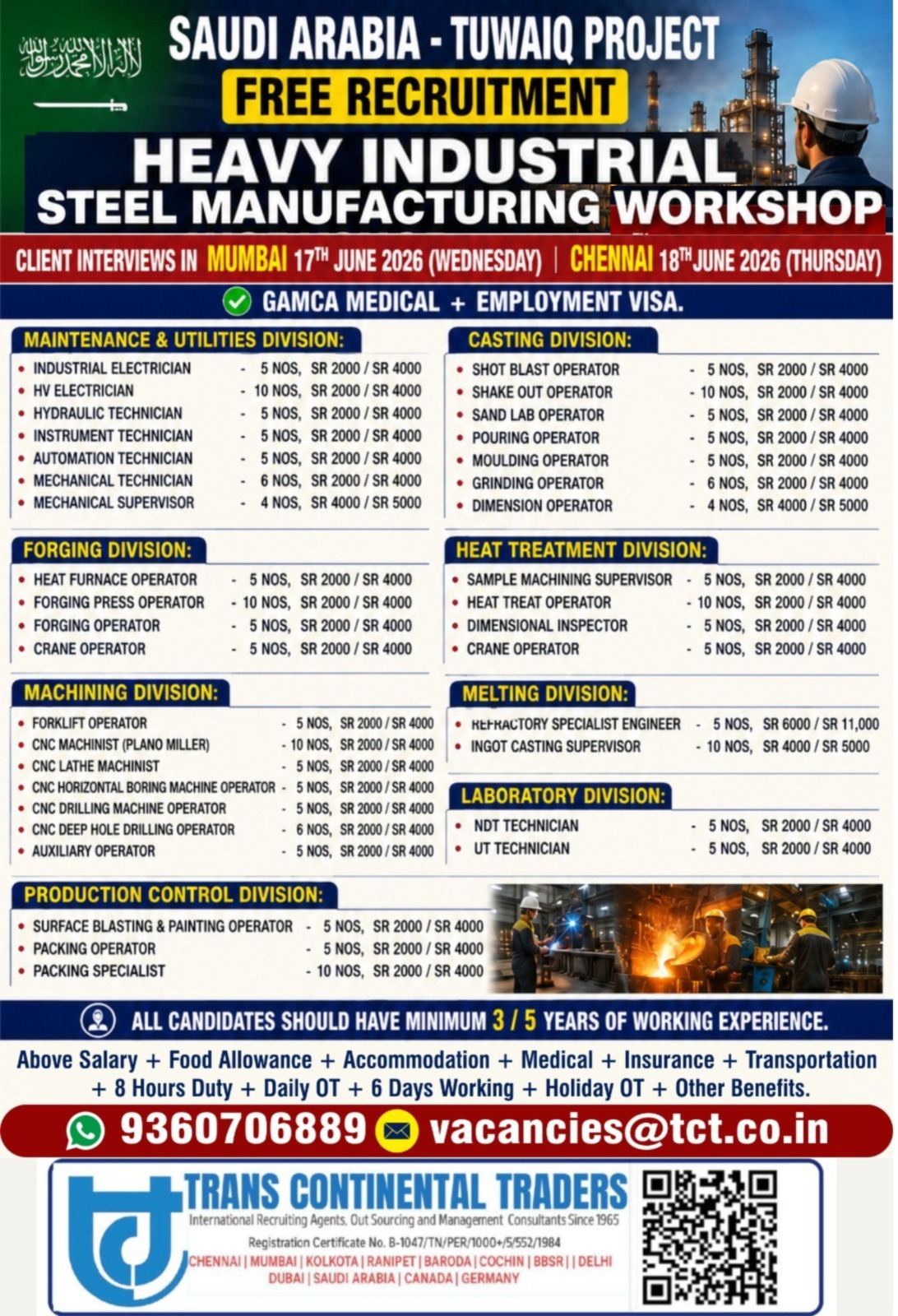 HIRING TUWAIQ STEEL MANUFACTURING WORKSHOP SAUDI ARABIA FREE RECRUIMENT CLIENT INTERVIEWS IN MUMBAI 17 TH JUNE 2026 | CHENNAI 18TH JUNE 2026
