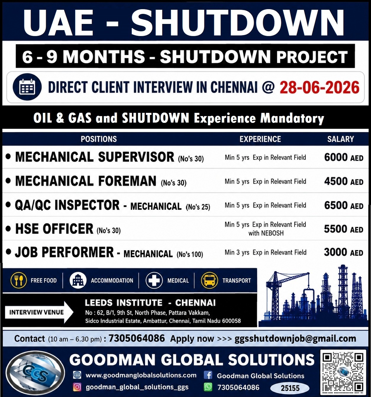 UAE – SHUTDOWN PROJECT (6 – 9 MONTHS SHUTDOWN)  DIRECT CLIENT INTERVIEW IN CHENNAI ON 28-06-2026