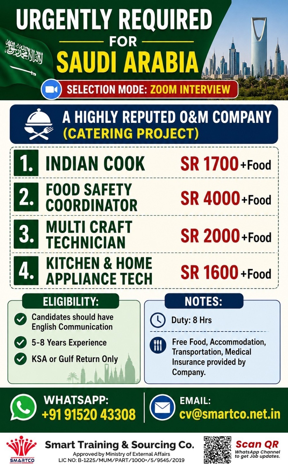 Urgently Required for Saudi Arabia  A Highly Reputed O&M Company (Catering project)