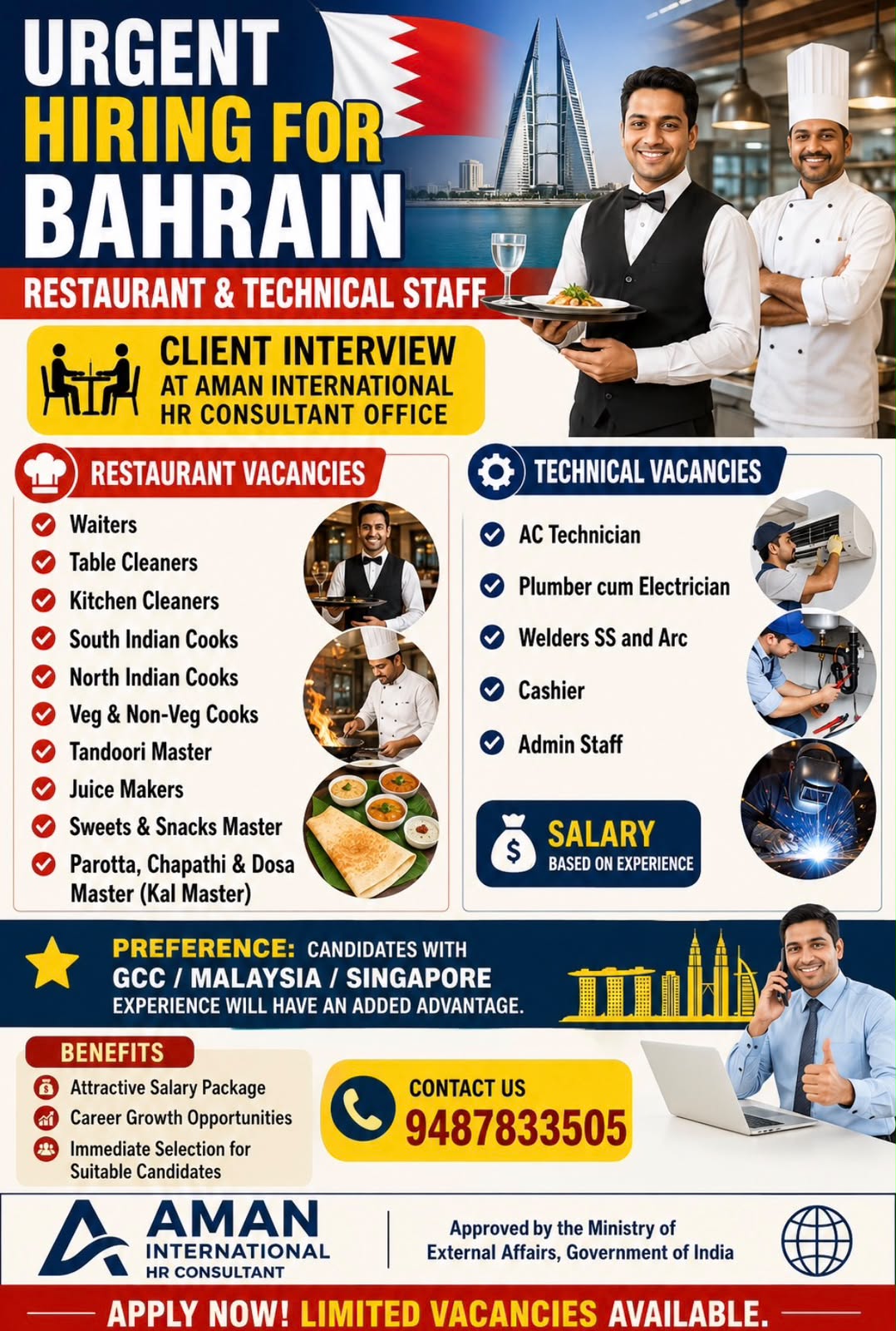 Urgent Hiring for Bahrain – Restaurant & Technical Staff