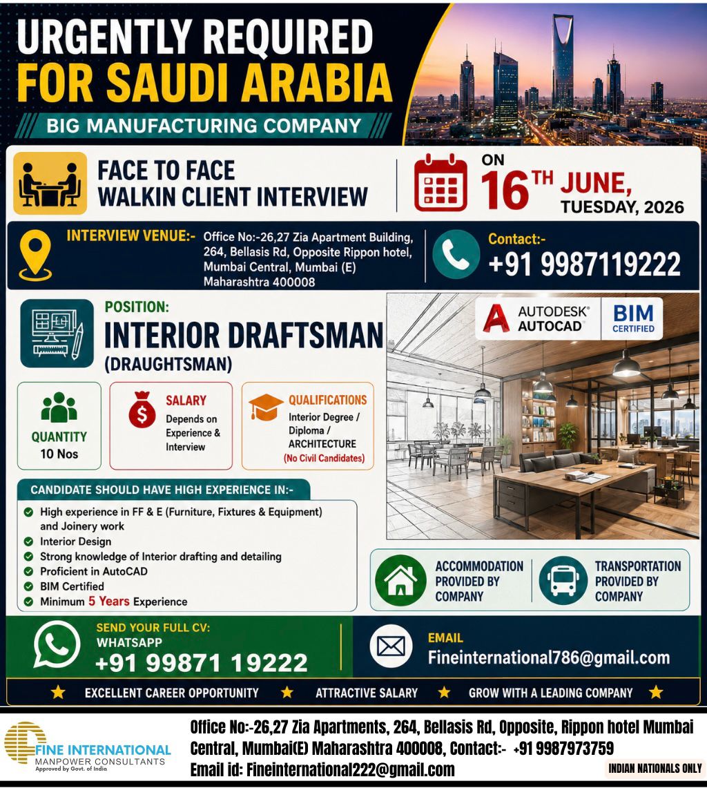 URGENTLY REQUIRED FOR SAUDI ARABIA – BIG MANUFACTURING COMPANY   🎯 FACE TO FACE WALKIN CLIENT INTERVIEW ON 16th JUNE, TUESDAY, 2026