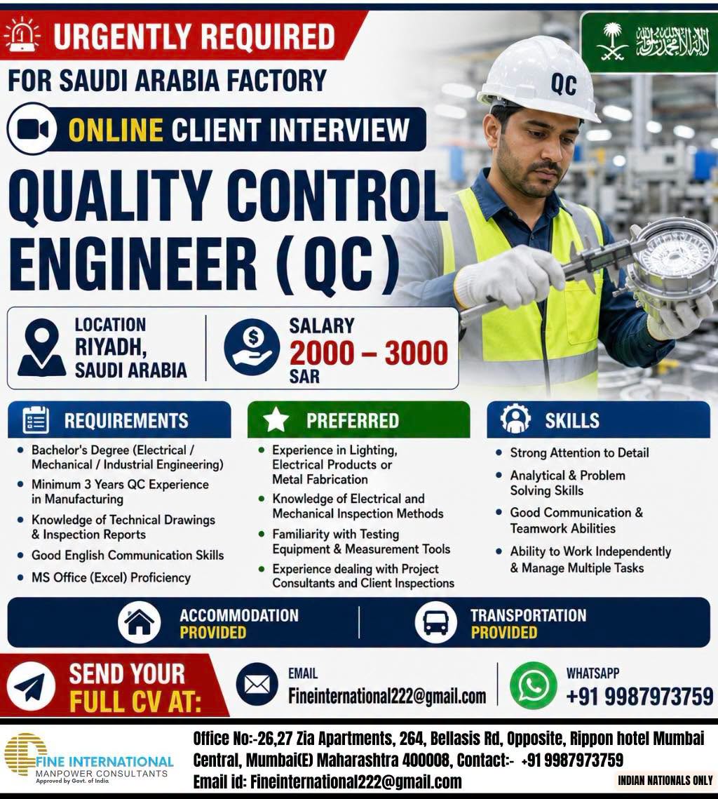 URGENTLY REQUIRED   Saudi Arabia Factory – Riyadh  QUALITY CONTROL ENGINEER (QC)