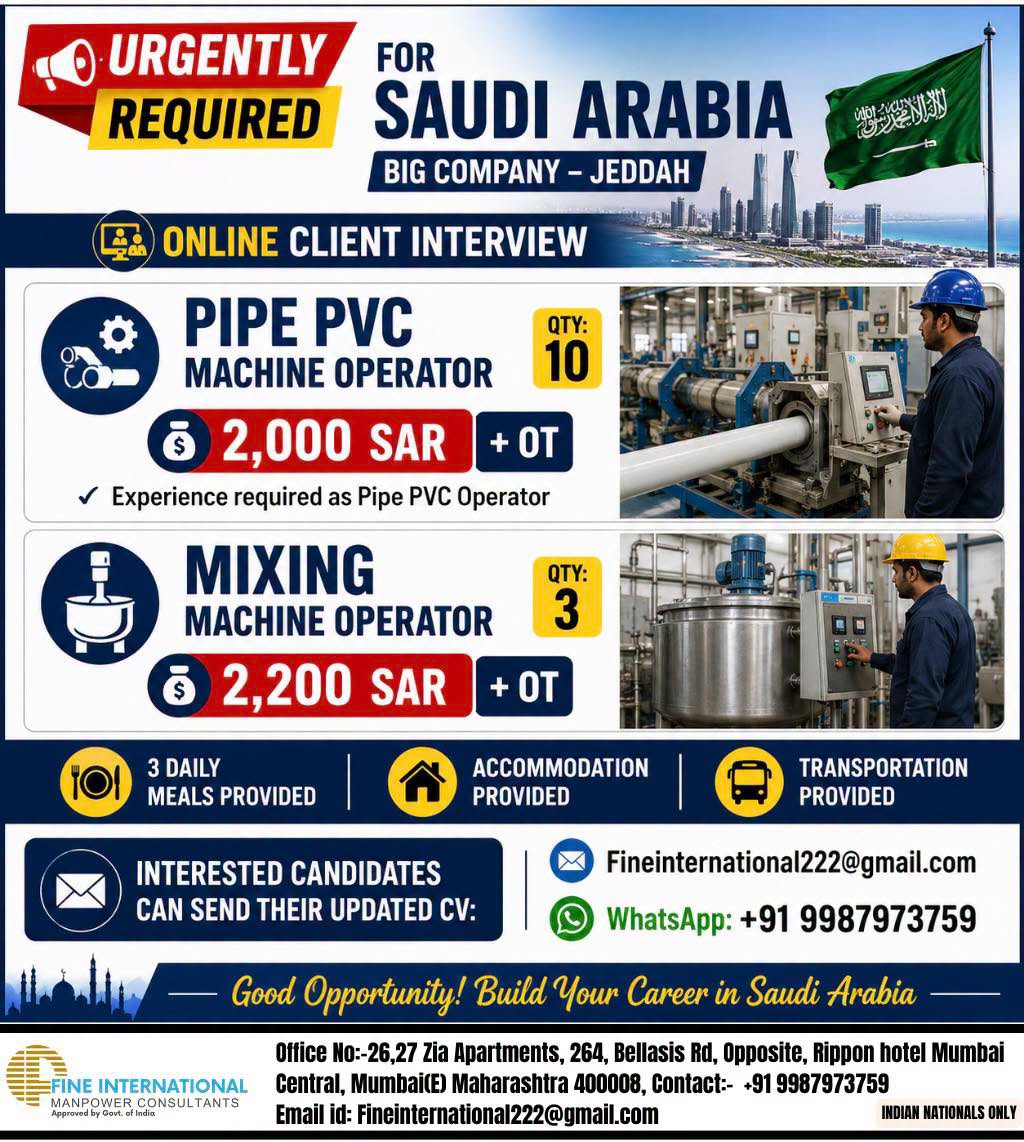 URGENTLY REQUIRED FOR SAUDI ARABIA BIG COMPANY – JEDDAH  ONLINE CLIENT INTERVIEW