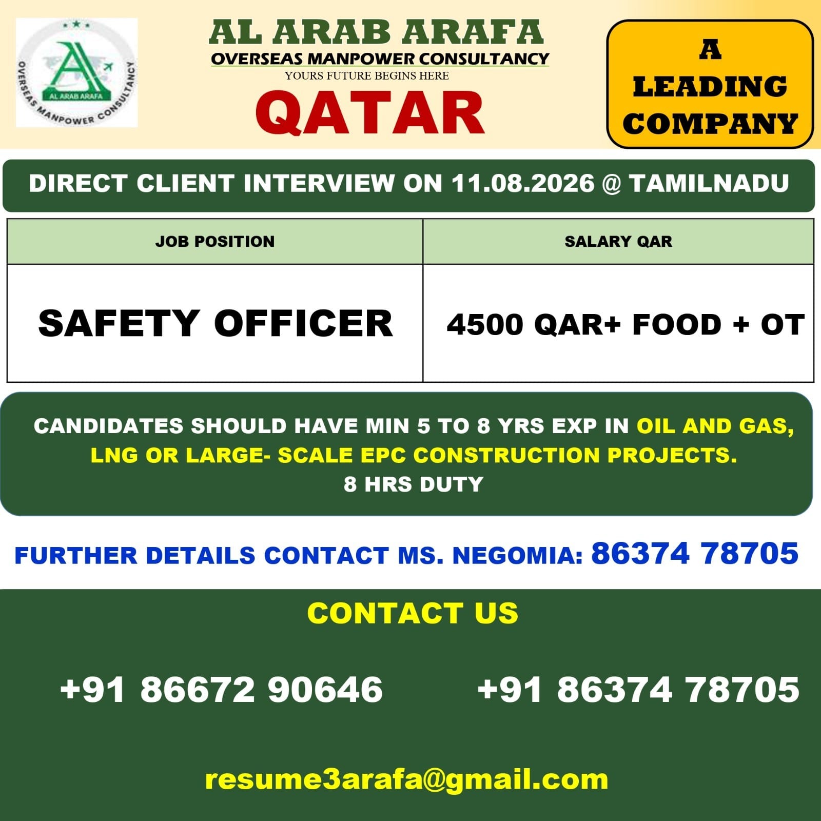 DIRECT CLIENT INTERVIEW ON 11.08.2026 @ CHENNAI