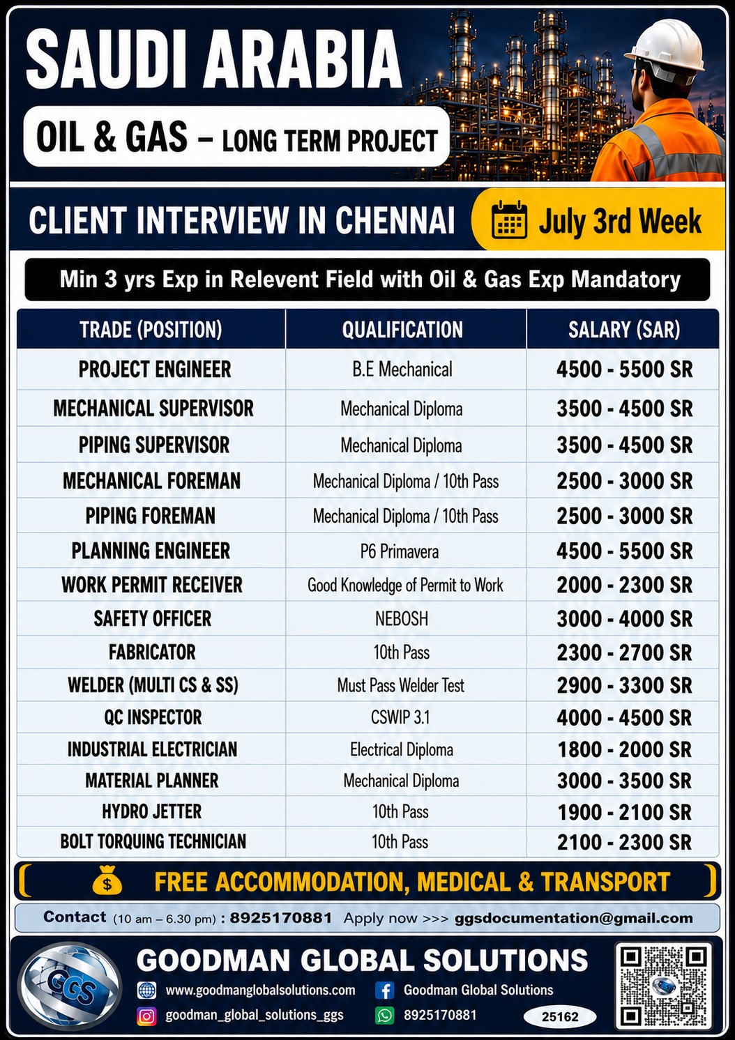 SAUDI ARABIA- OIL & GAS – LONG TERM PROJECT DIRECT CLIENT INTERVIEW IN CHENNAI ON JULY 3rd week