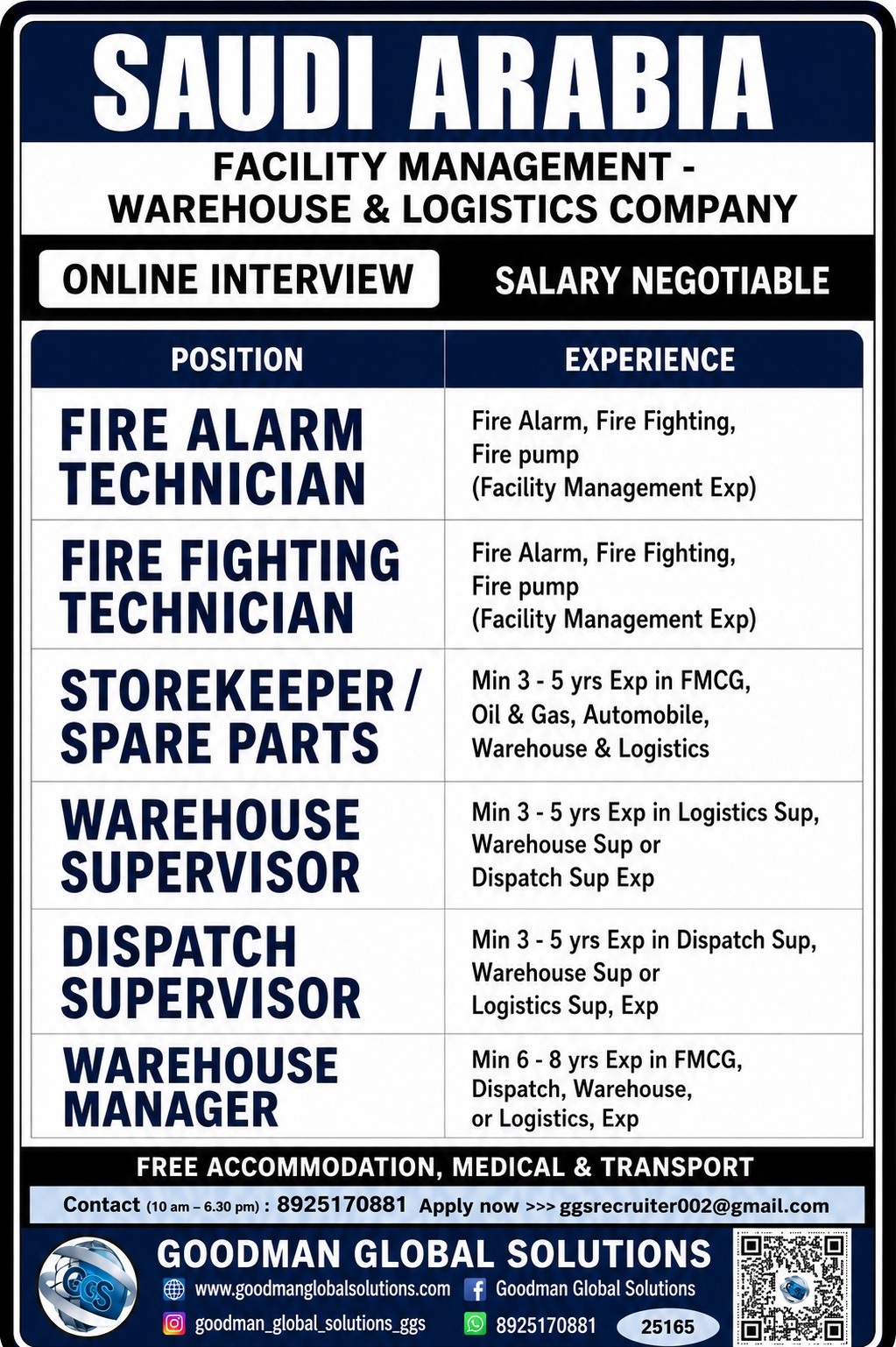 SAUDI ARABIA –  FACILITY MANAGEMENT-WAREHOUSE &  LOGISTIC COMPANY-  LONG TERM CV  SELECTION FOLLOWED BY ONLINE INTERVIEW