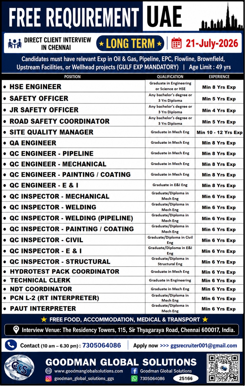 FREE REQUIREMENT-UAE- LONG TERM  DIRECT CLIENT INTERVIEW IN CHENNAI @ 21-07-2026