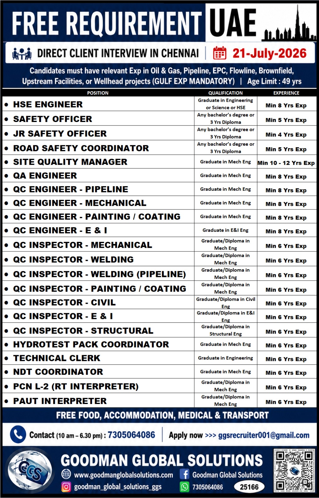 FREE REQUIREMENT-UAE- LONG TERM DIRECT CLIENT INTERVIEW IN CHENNAI @ 21-07-2026