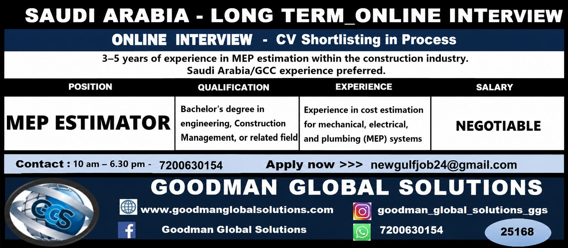 SAUDI ARABIA –  MEP PROJECT – LONG TERM CV  SELECTION FOLLOWED BY ONLINE INTERVIEW