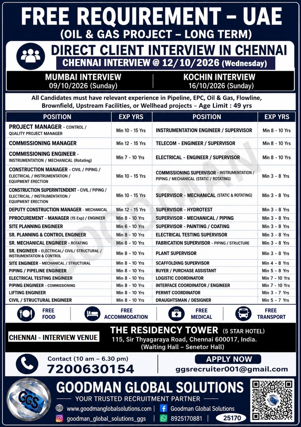 FREE REQUIREMENT-UAE- LONG TERM  DIRECT CLIENT INTERVIEW IN CHENNAI @ 12-08-2026