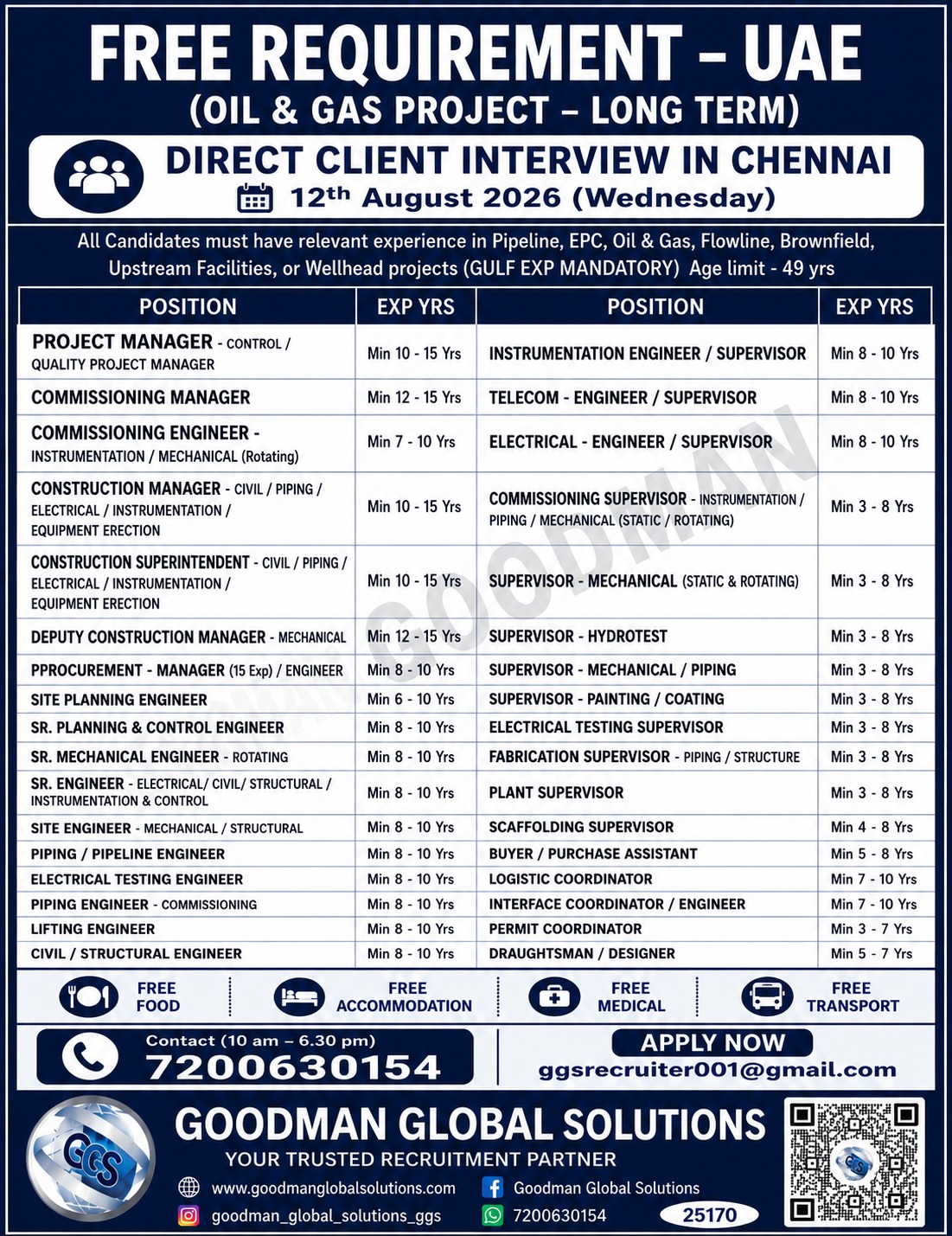 FREE REQUIREMENT-UAE- LONG TERM DIRECT CLIENT INTERVIEW IN CHENNAI @ 12-08-2026