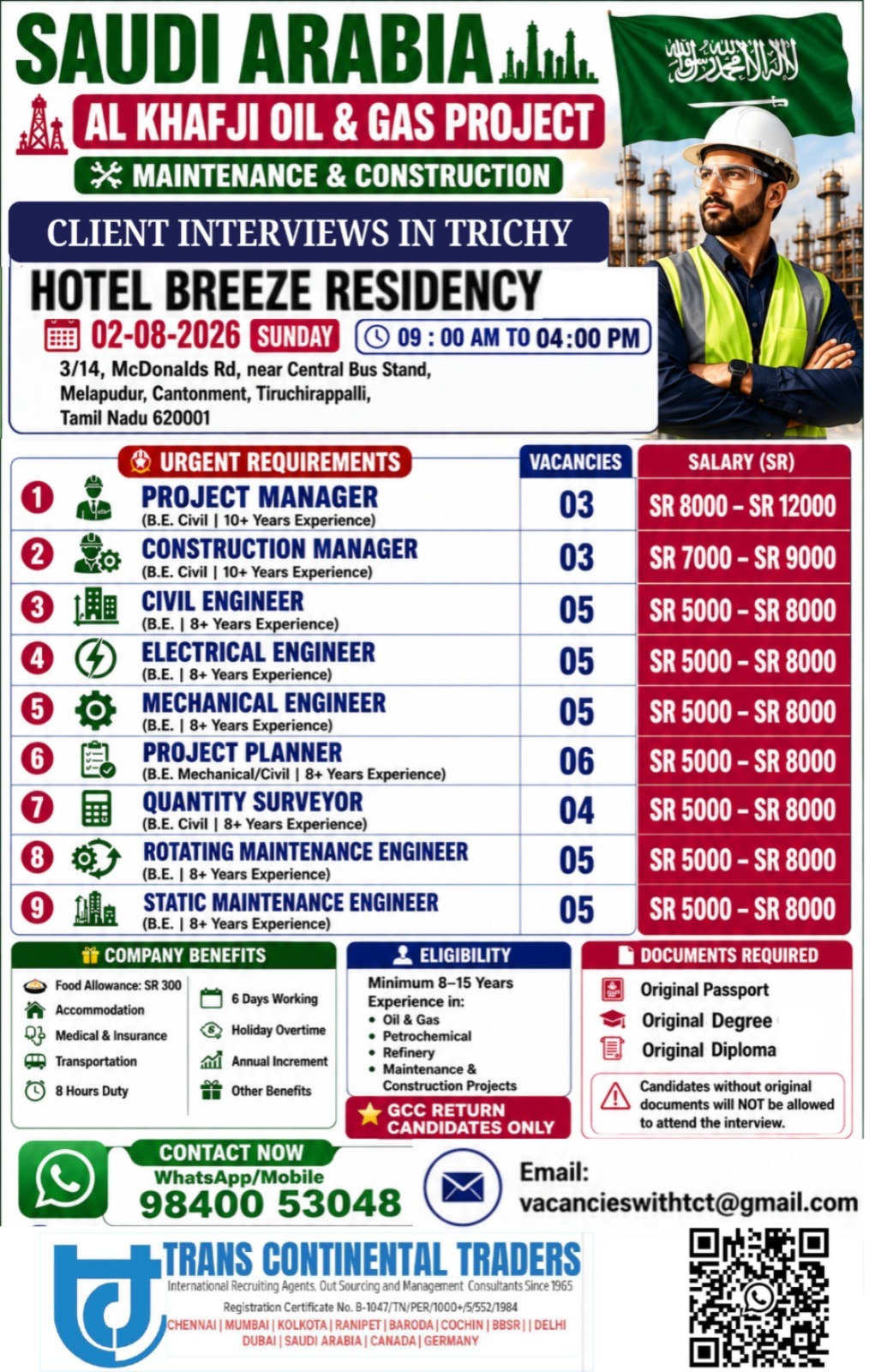 HIRING FOR KHAFJI OIL & GAS PROJECT SAUDI ARABIA | DIRECT CLIENT INTERVIEWS IN TRICHY 02-08-2026 HOTEL BREEZE RESIDENCY CAL FOR MORE DETAILS 9791553048