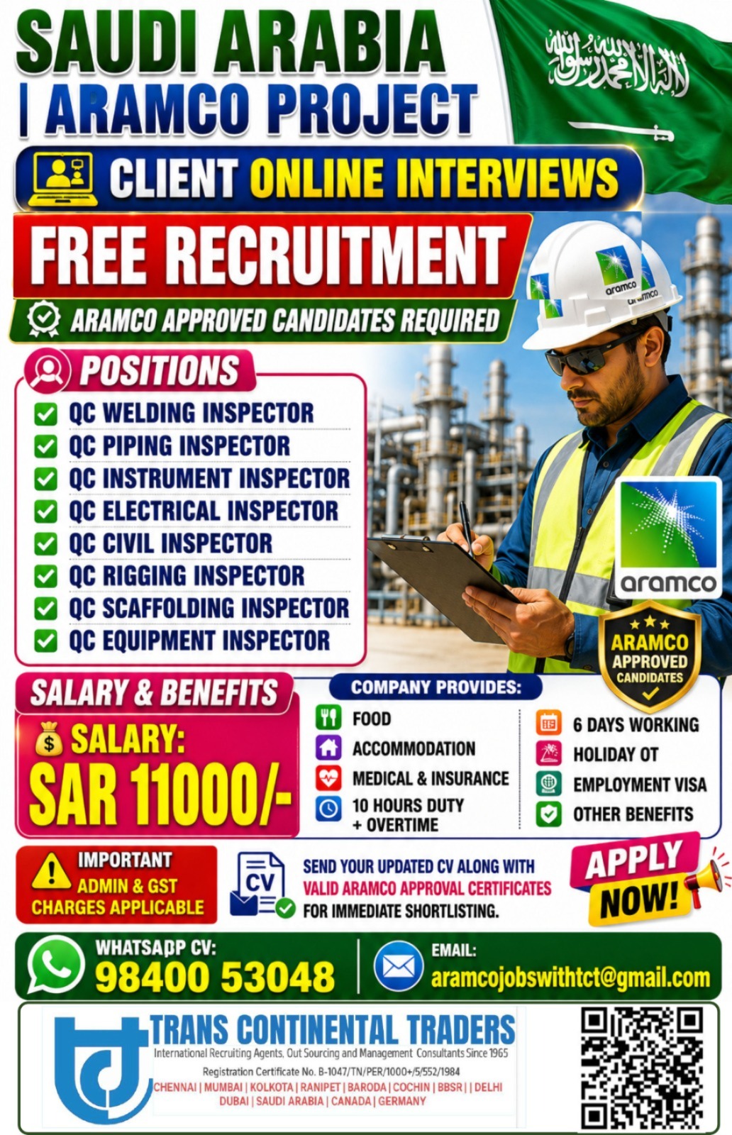 HIRING FOR ARAMCO PROJECT | CLIENT INTERVIEWS IN PROGRESS FOR ARAMCO APPROVED INSPECTORS CALL OR SEND CV ON WHATSAPP 9791553048