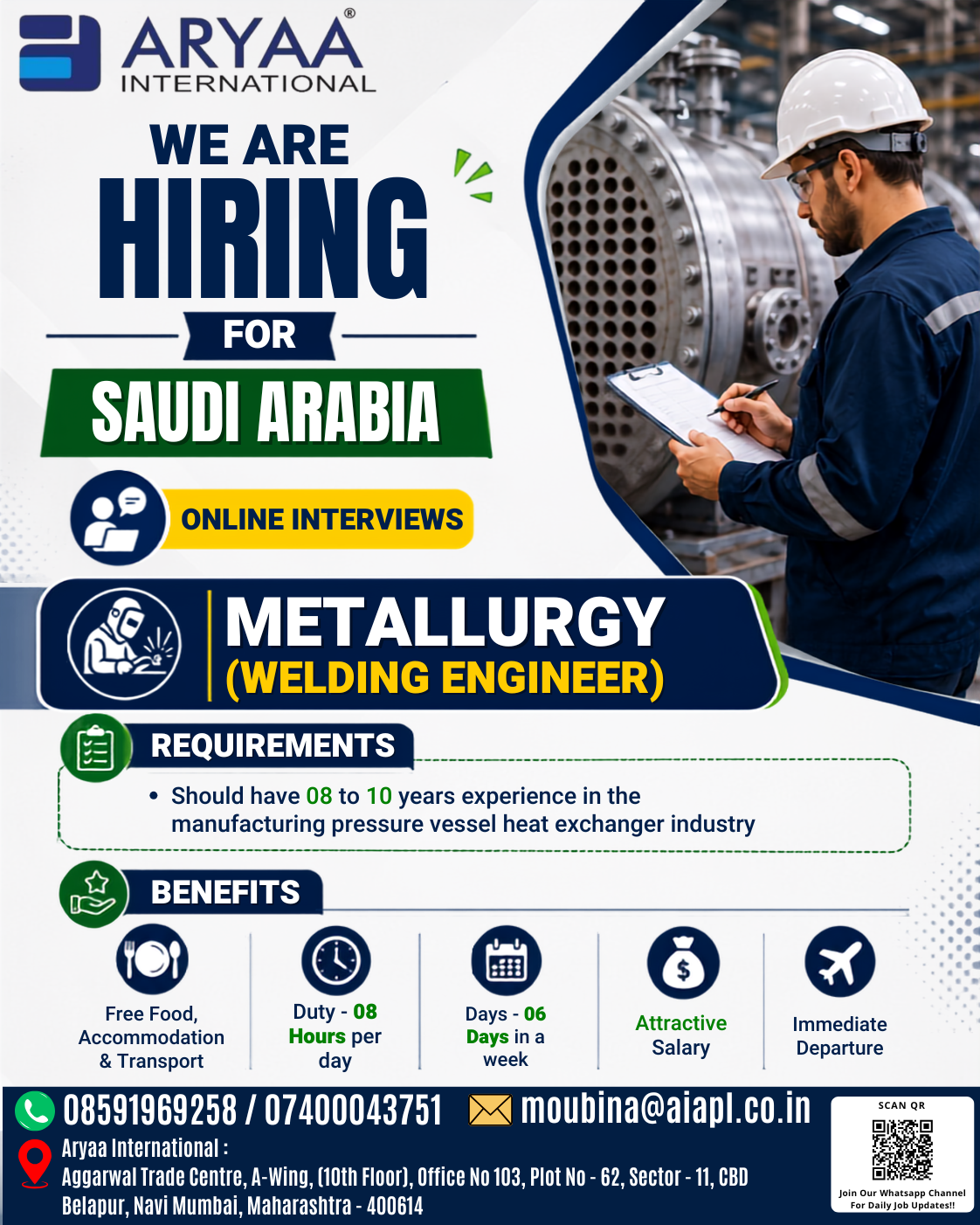Aryaa International is looking for experienced professionals for urgent placement.