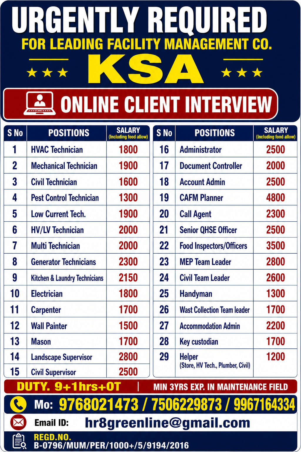 URGENTLY REQUIRED FOR LEADING FACILITY MANAGEMENT CO. KSA