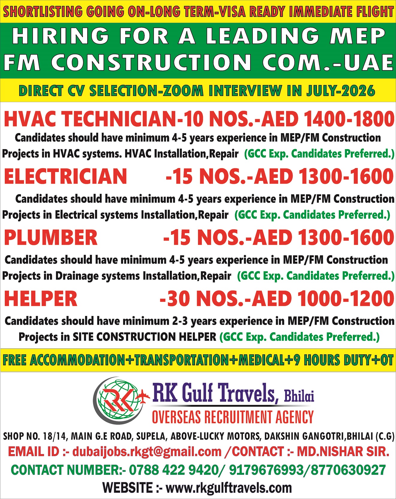 HIRING FOR A LEADING CONSTRUCTION COMPANY-ABU DHABI (UAE)
