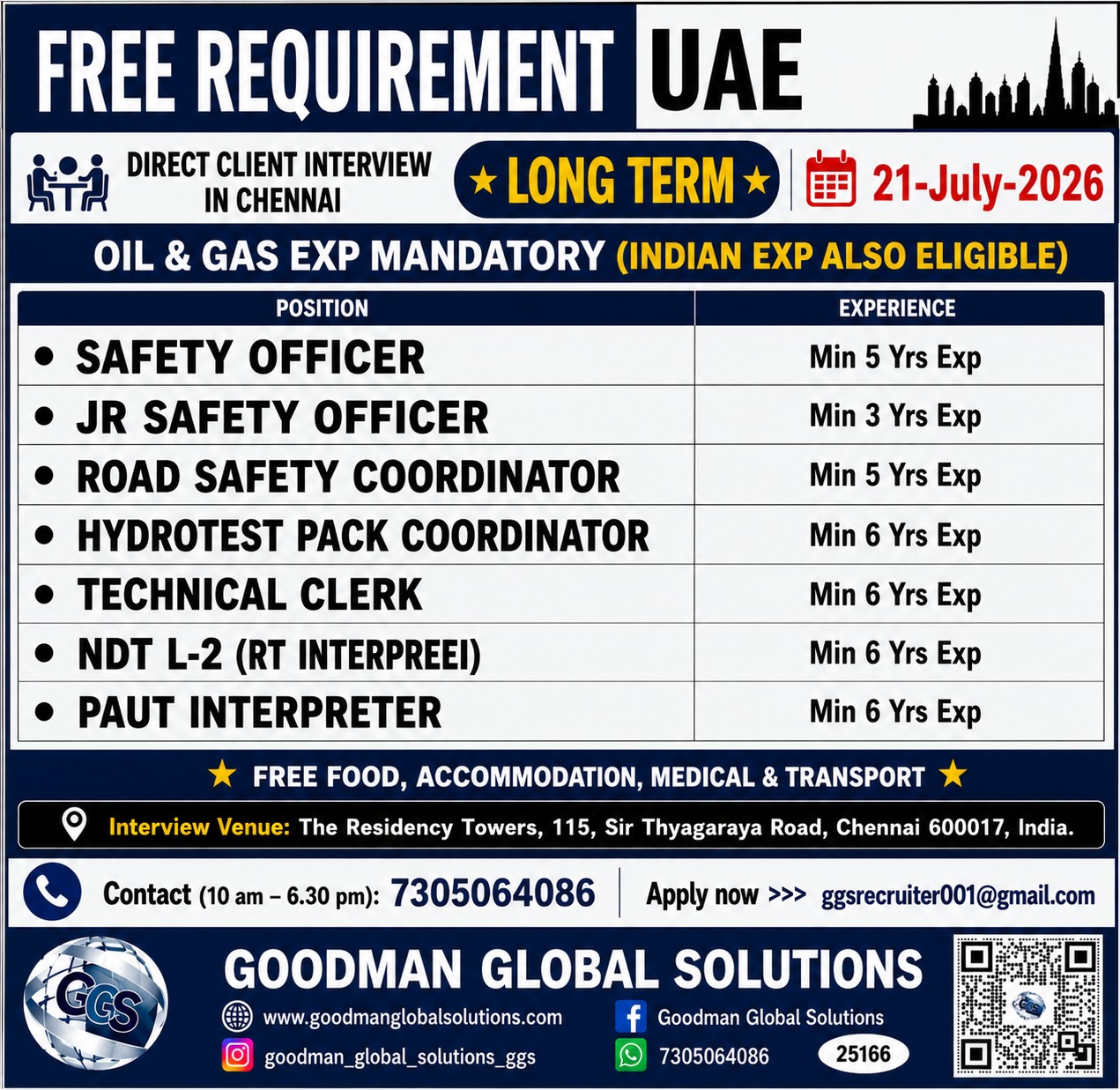 FREE REQUIREMENT-UAE- LONG TERM DIRECT CLIENT INTERVIEW IN CHENNAI @ 21-07-2026
