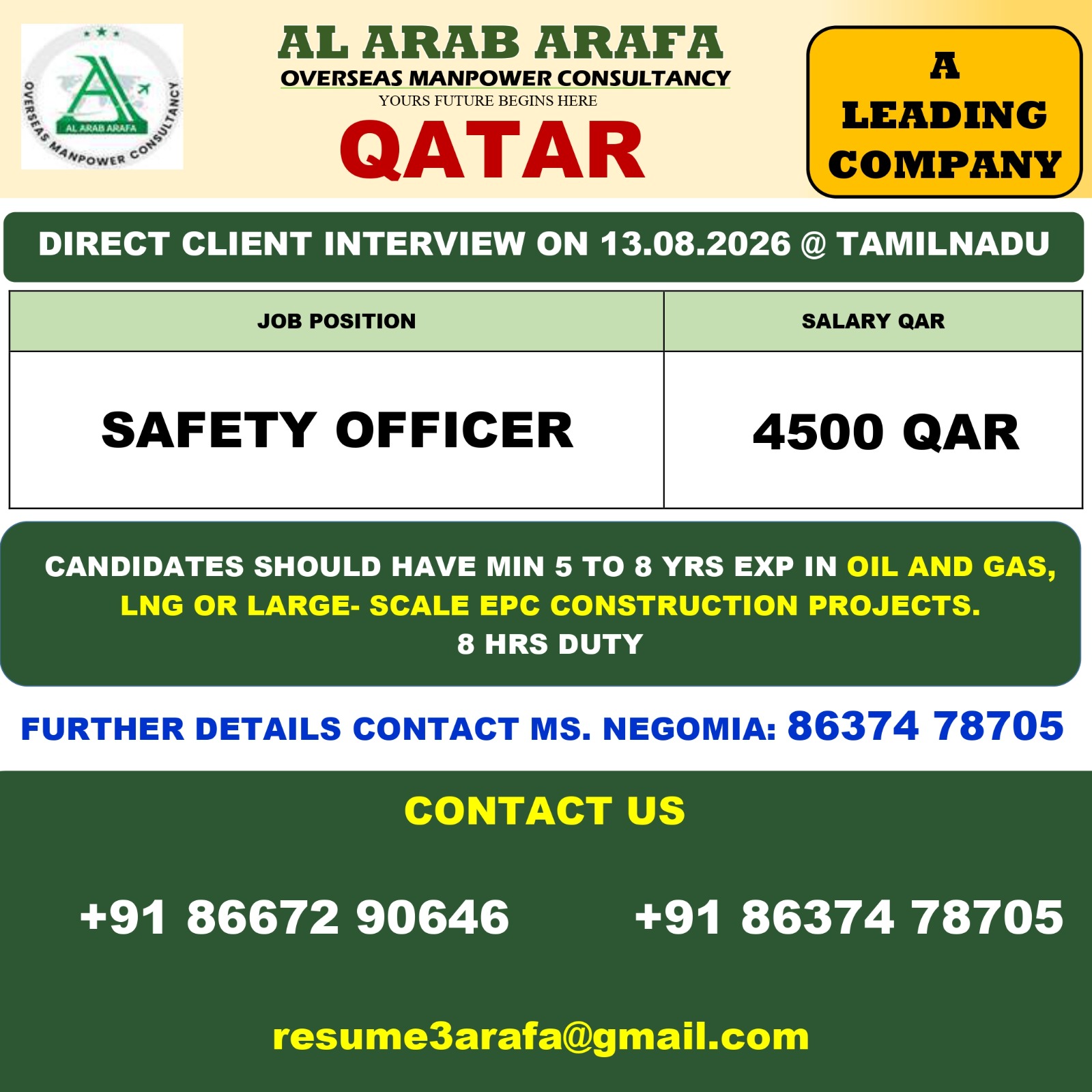 DIRECT CLIENT INTERVIEW ON 11.07.2026 @ TAMILNADU