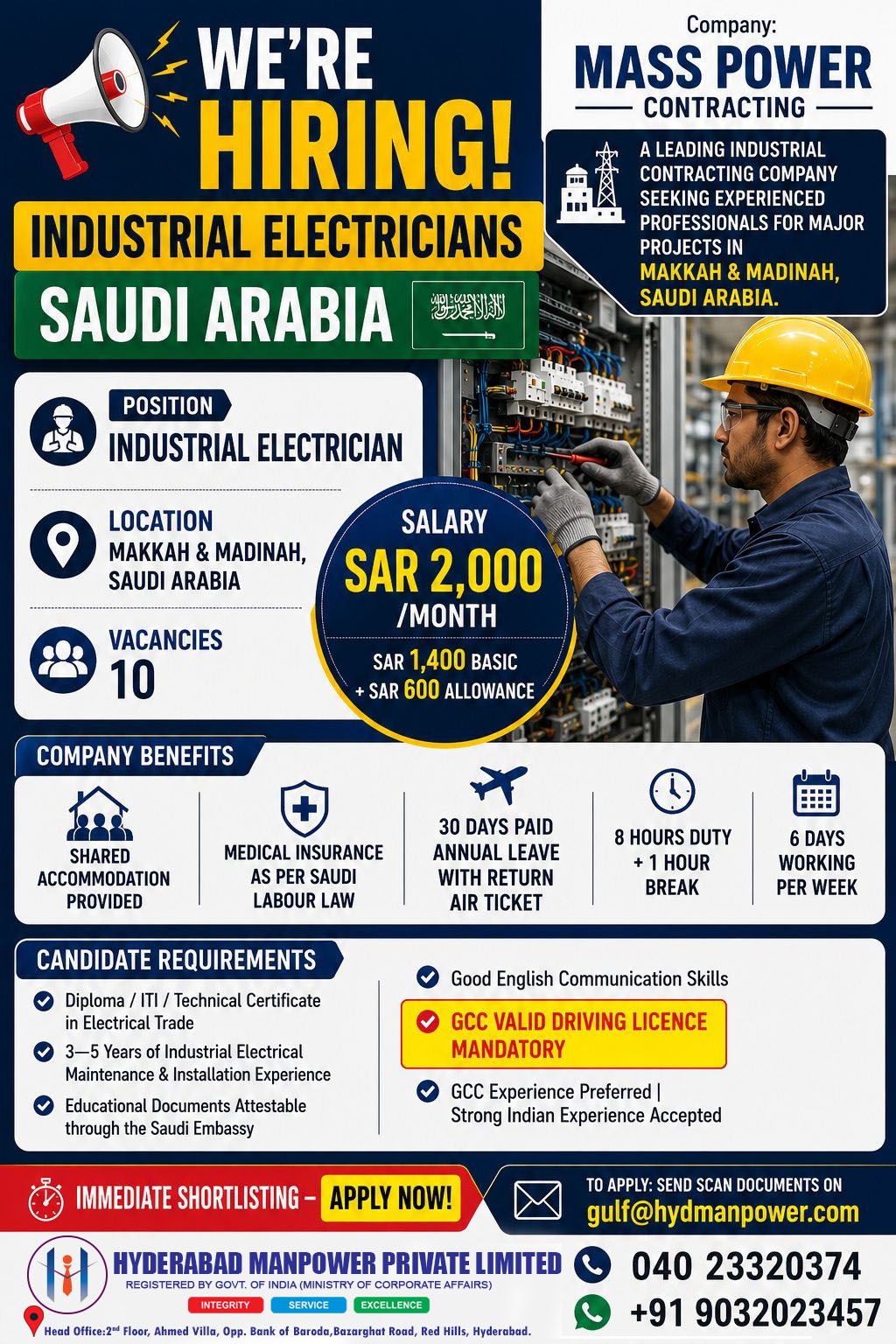 We are Hiring Industry Electrician – Saudi Arabia