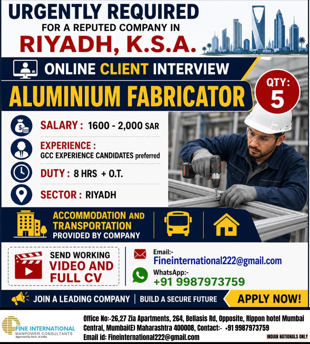 URGENTLY REQUIRED FOR A REPUTED COMPANY IN RIYADH K.S.A.  ONLINE CLIENT INTERVIEW 