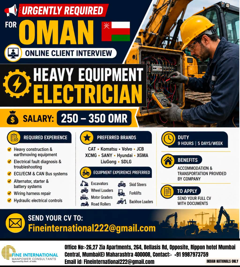 URGENTLY REQUIRED FOR OMAN COMPANY  ONLINE CLIENT INTERVIEW  HEAVY EQUIPMENT ELECTRICIAN