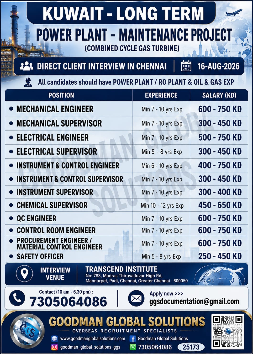 KUWAIT – LONG TERM (POWER PLANT PROJECT)  DIRECT CLIENT INTERVIEW IN CHENNAI @ 16-08-2026