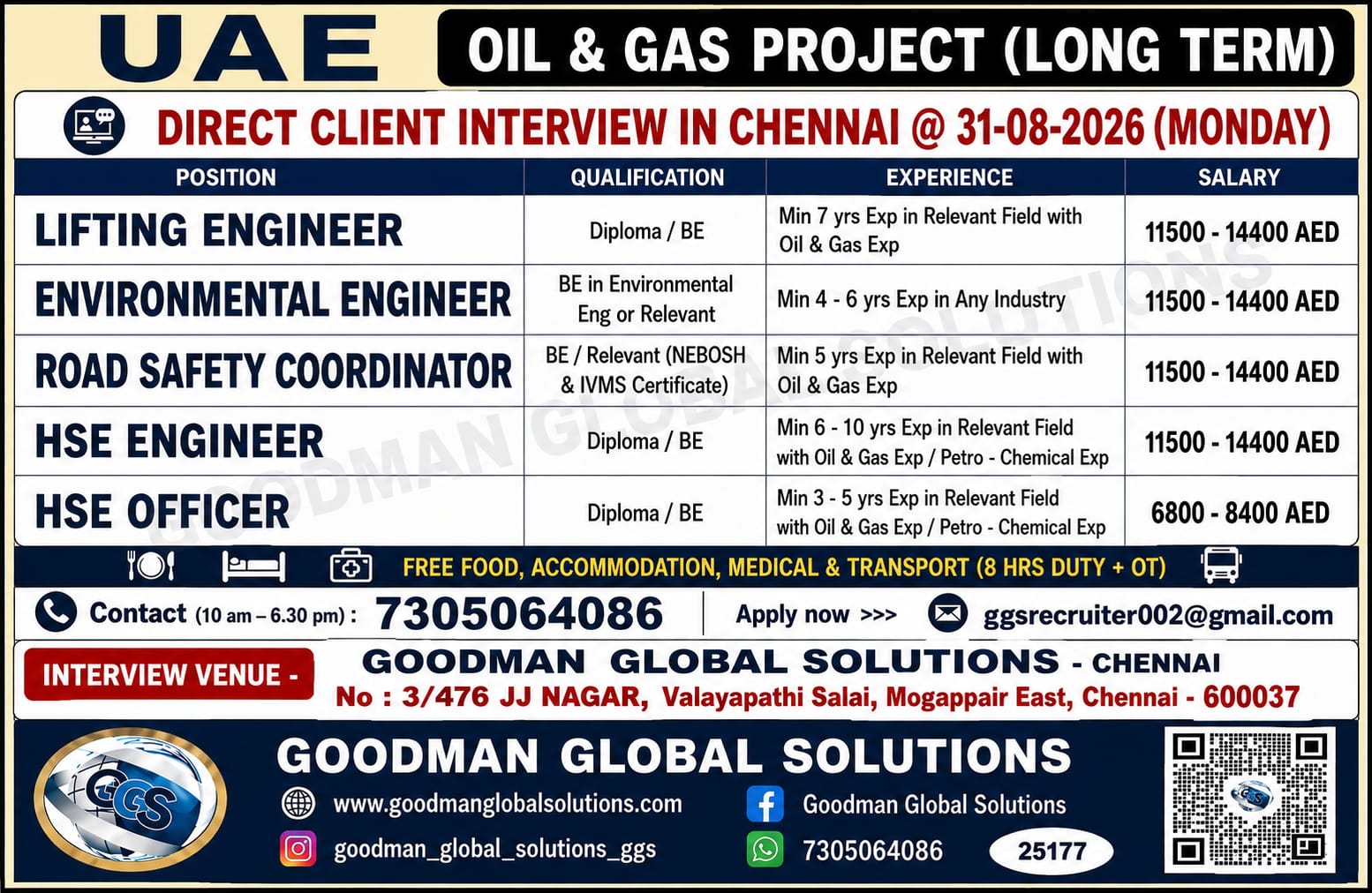 FREE REQUIREMENT – UAE – OIL & GAS – LONG TERM (CONSTRUCTION PROJECT ) DIRECT CLIENT INTERVIEW IN CHENNAI @31-08-2026( MONDAY )