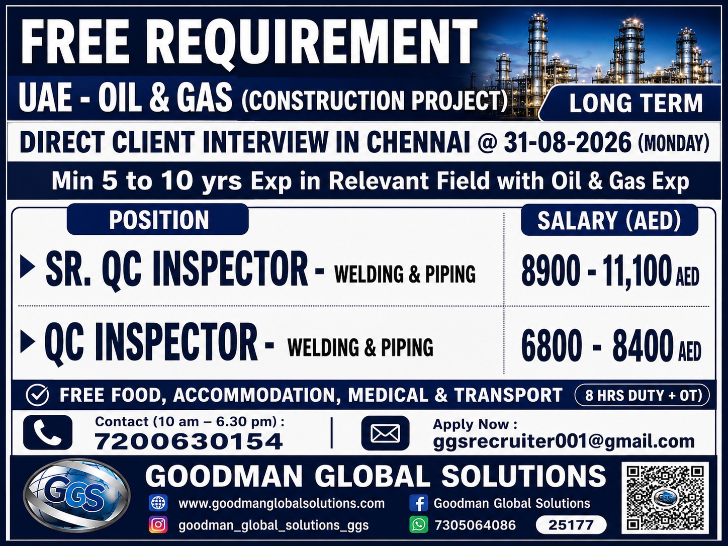 UAE – OIL & GAS – LONG TERM (CONSTRUCTION PROJECT )  DIRECT CLIENT INTERVIEW IN CHENNAI @31-08-2026( MONDAY )